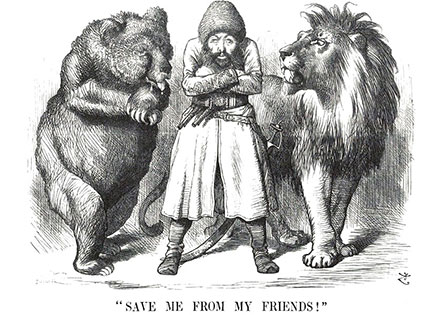 アフガニスタン王にすり寄るロシア熊とイギリス獅子の風刺画