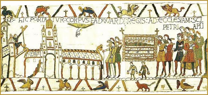バイユーのタペストリー（フランス語では「Tapisserie de Bayeux」）に登場する、懺悔王エドワードの葬儀の場面。左に見えている建物は、懺悔王が建てたウェストミンスター寺院。© Musée de la Tapisserie de Bayeux